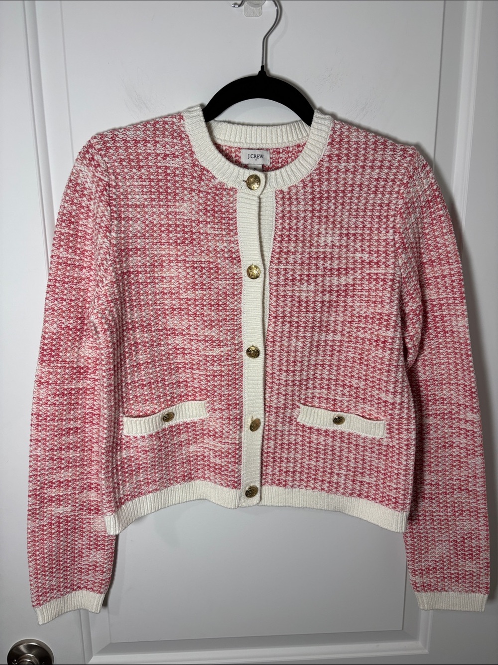 J.Crew Pink & White Textured Knit Cardigan Gold Buttons - Size Small
